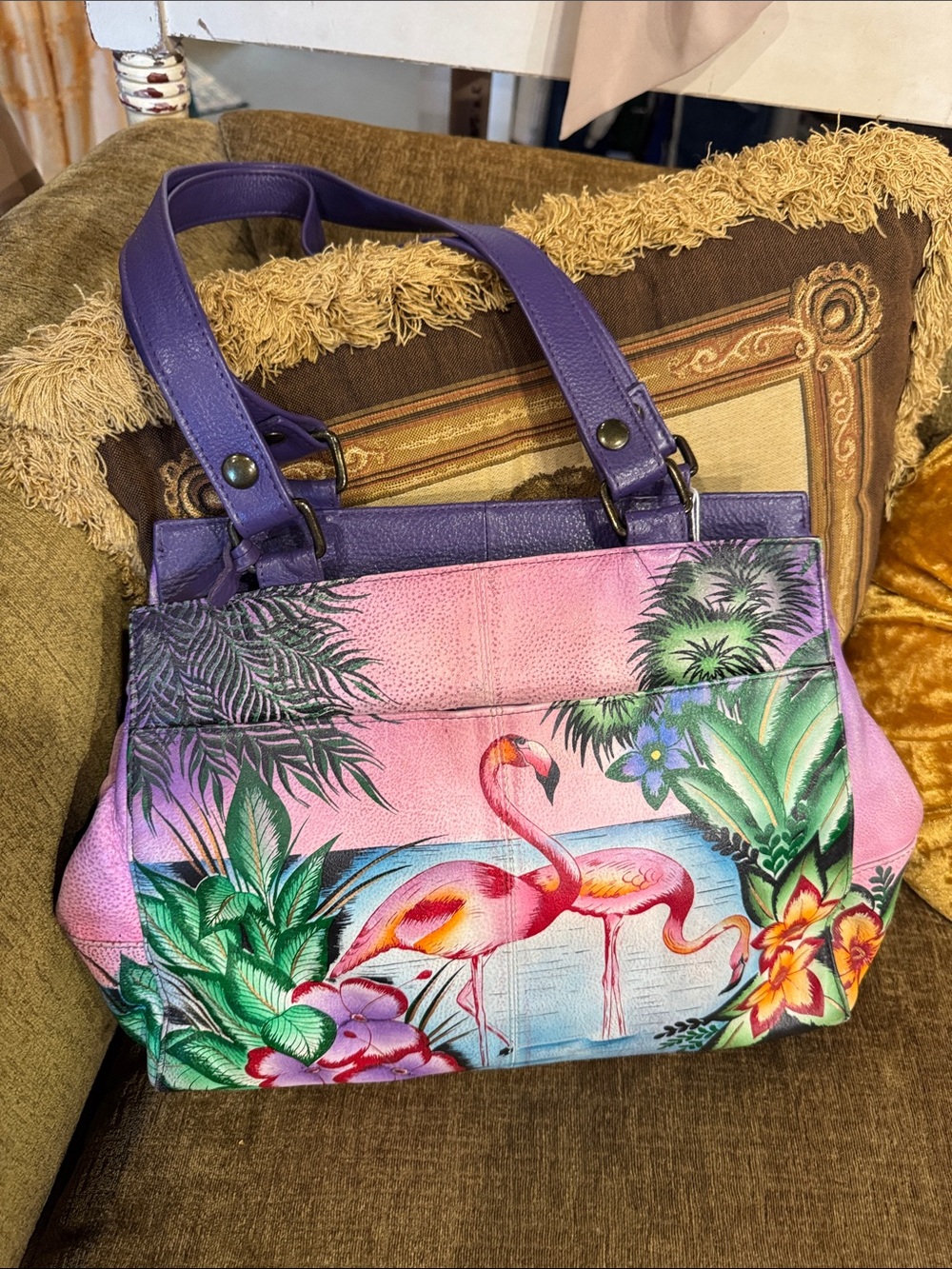 Anuschka Hand Painted Purple & Pink Flamingo-Print Shoulder Bag